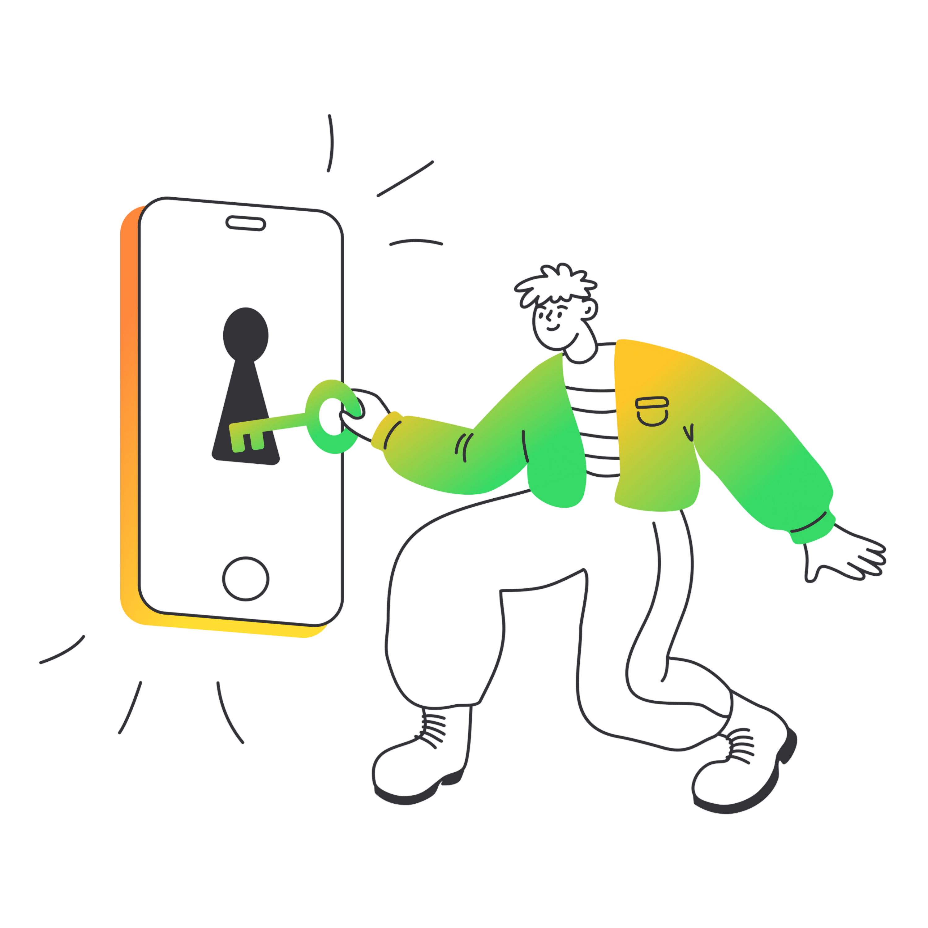 Ilustracao de pessoa abrindo acesso seguro em smartphone com chave, representando seguranca e controle de dados