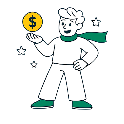 Ilustracao de personagem DigDin segurando uma moeda dourada, representando sucesso financeiro